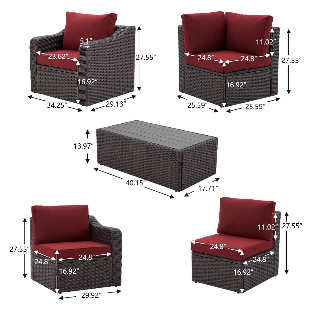 8-Piece Outdoor Sectional Sofa Set with 44" Propane Gas Fire Pit, Brown Rattan, Red Cushions & Coffee Table