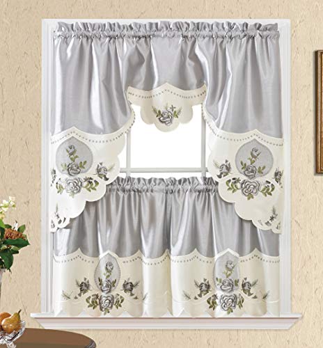 Elegant Silver Grey Rose Melody Kitchen Curtain Set with Embroidered Details