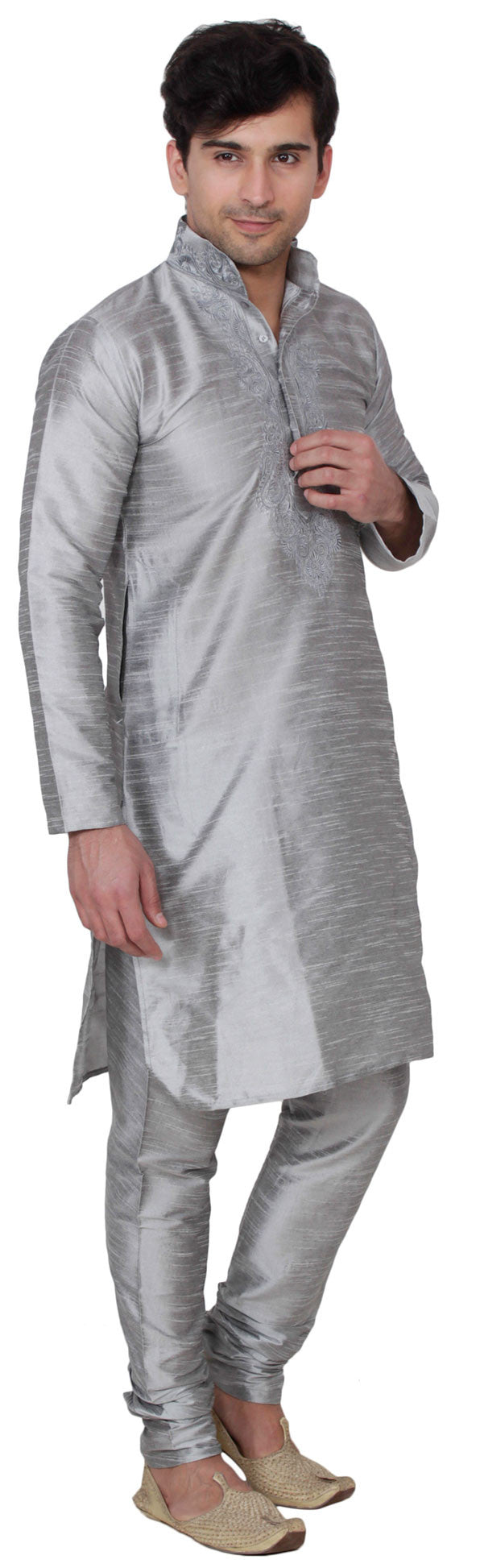 Elegant Silk Embroidered Men's Kurta Pajama - Grey