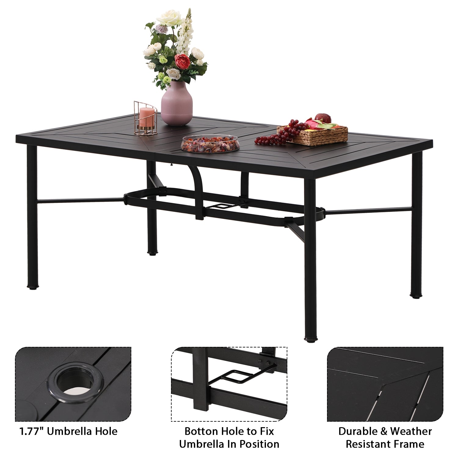 Phi Villa Outdoor Metal Rectangle Dining Table with Umbrella Hole