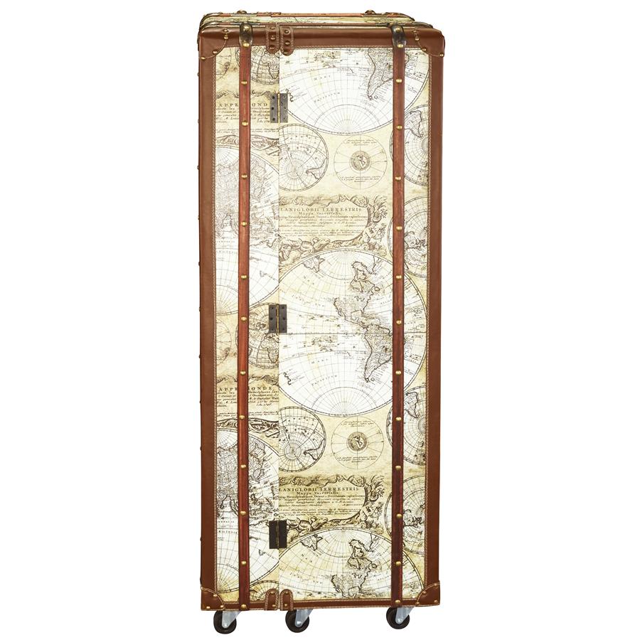 Vintage World Map Steamer Trunk Bar Cabinet