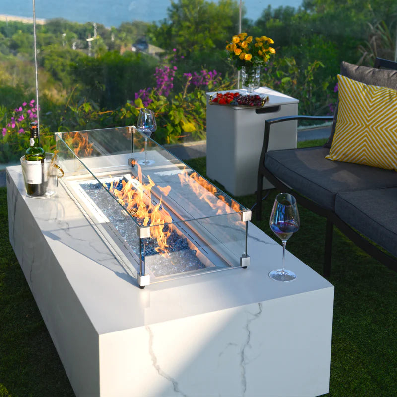 Elementi Plus Carrara Rectangular Marble Fire Pit Table | Luxurious Outdoor Heating