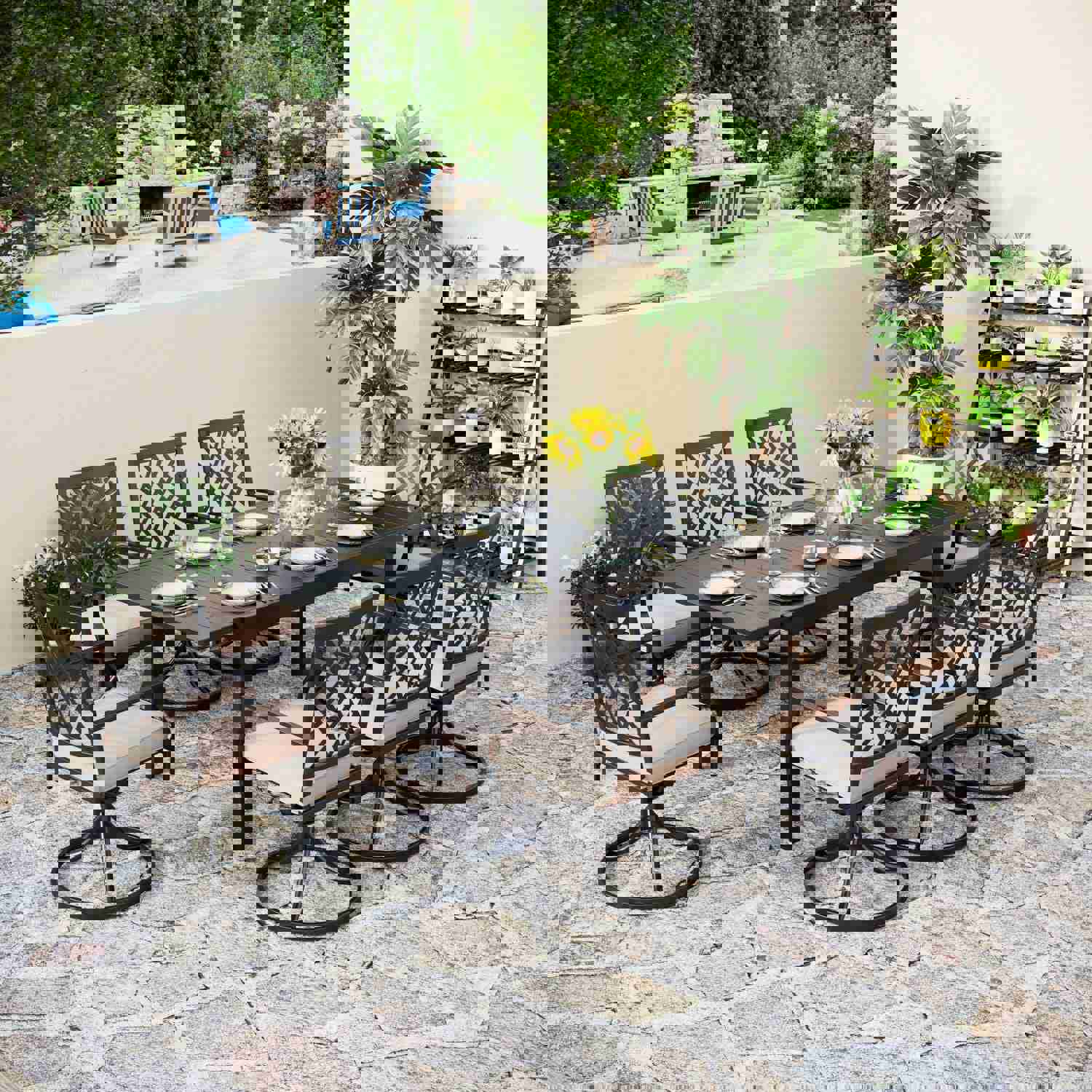 PHI VILLA Outdoor Patio Dining Set, Adjustable Table with Cushioned Swivel Chairs