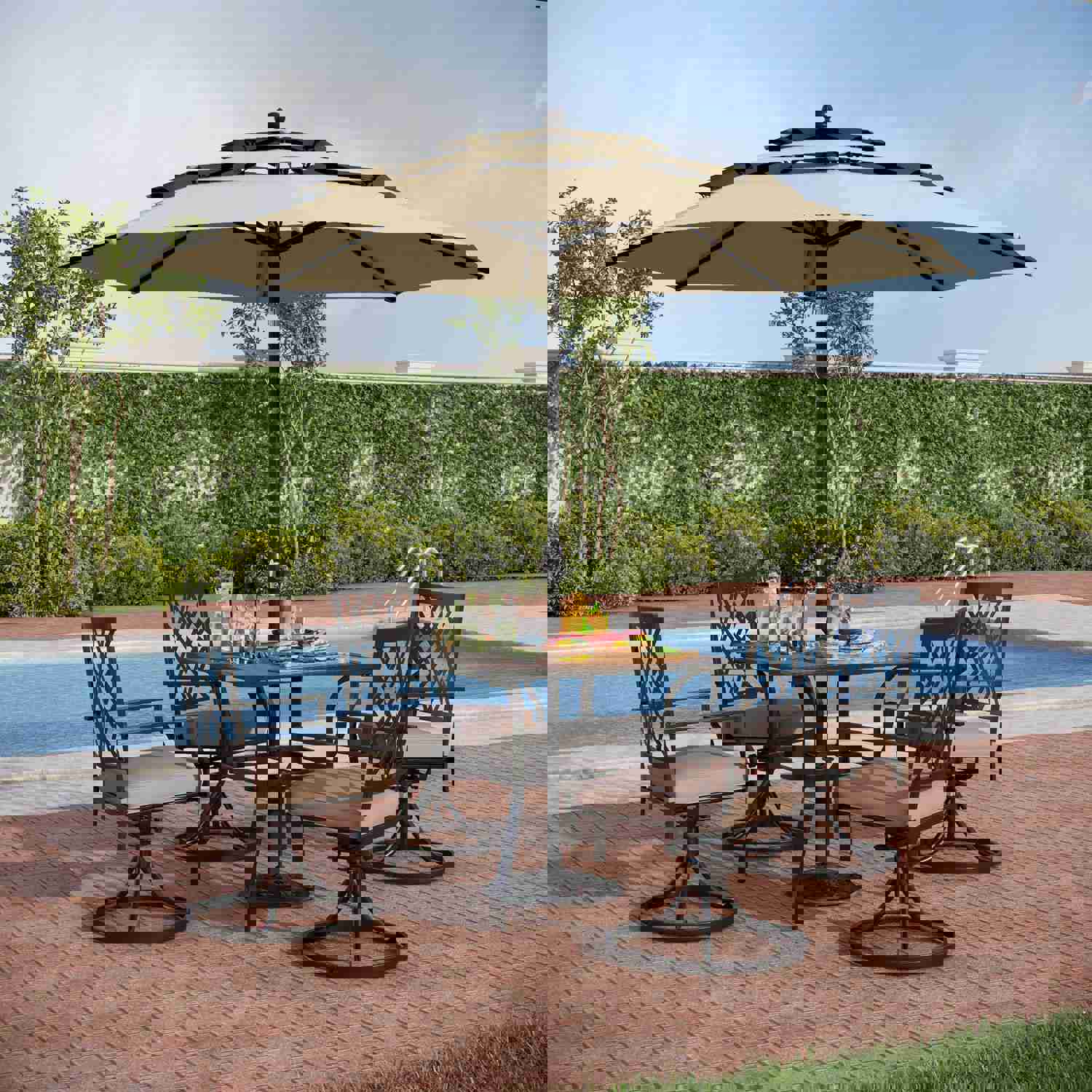 PHI VILLA 6-Piece Outdoor Dining Set with 10ft Umbrella, Wood-Look Square Table, Swivel Metal Steel Chairs