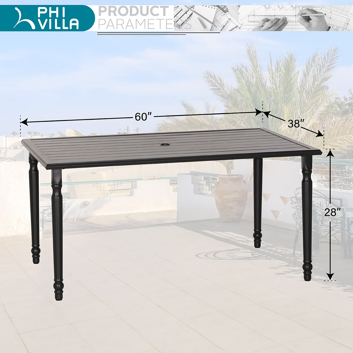 PHI VILLA 7-Piece Outdoor Dining Set with Metal Steel Chairs and Rectangle Table