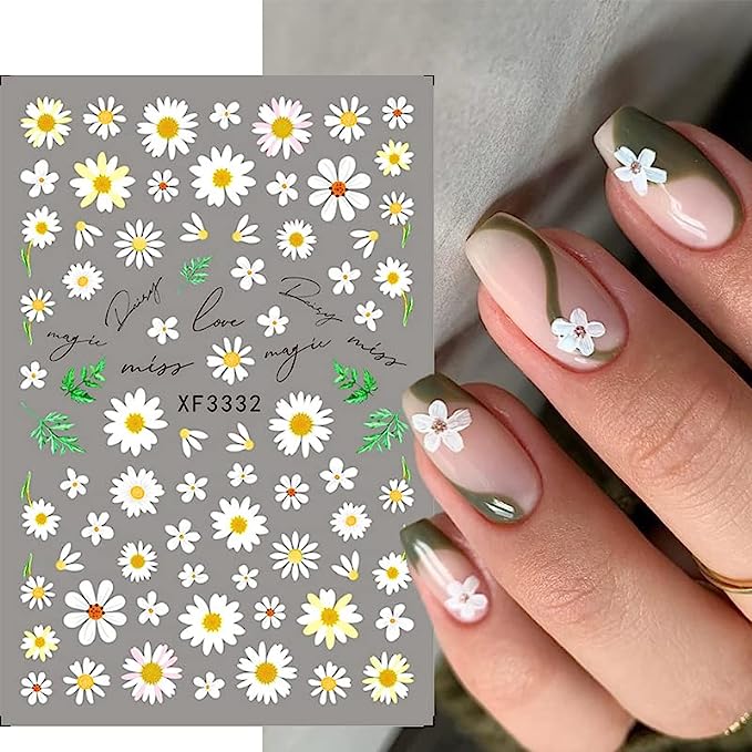Daisy Nail Art Sticker Decals - 12 Sheets of 3D Floral Designs for Spring and Summer