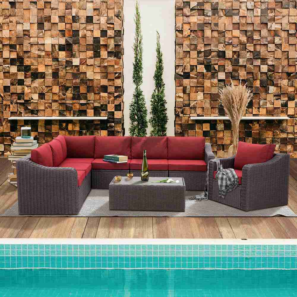 8-Piece Outdoor Sectional Sofa Set with 44" Propane Gas Fire Pit, Brown Rattan, Red Cushions & Coffee Table