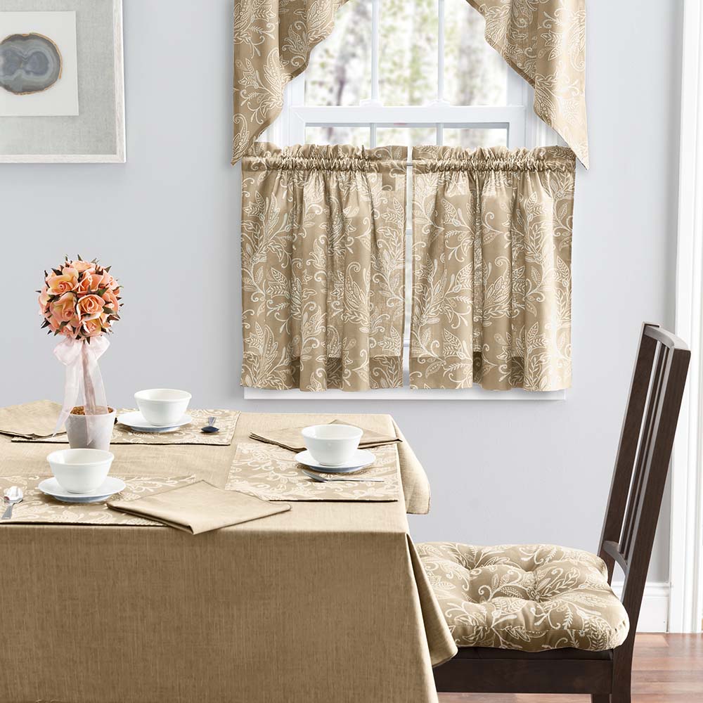 Ellis Curtain Lexington Leaf Pattern Tailored Swags 56x36 Tan