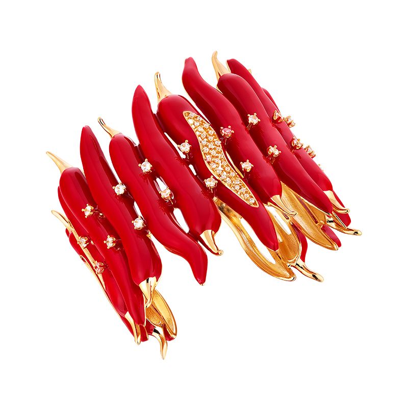 Handcrafted Italian Red Enamel 18K Gold-Plated CZ Diamond Pepper Bracelet