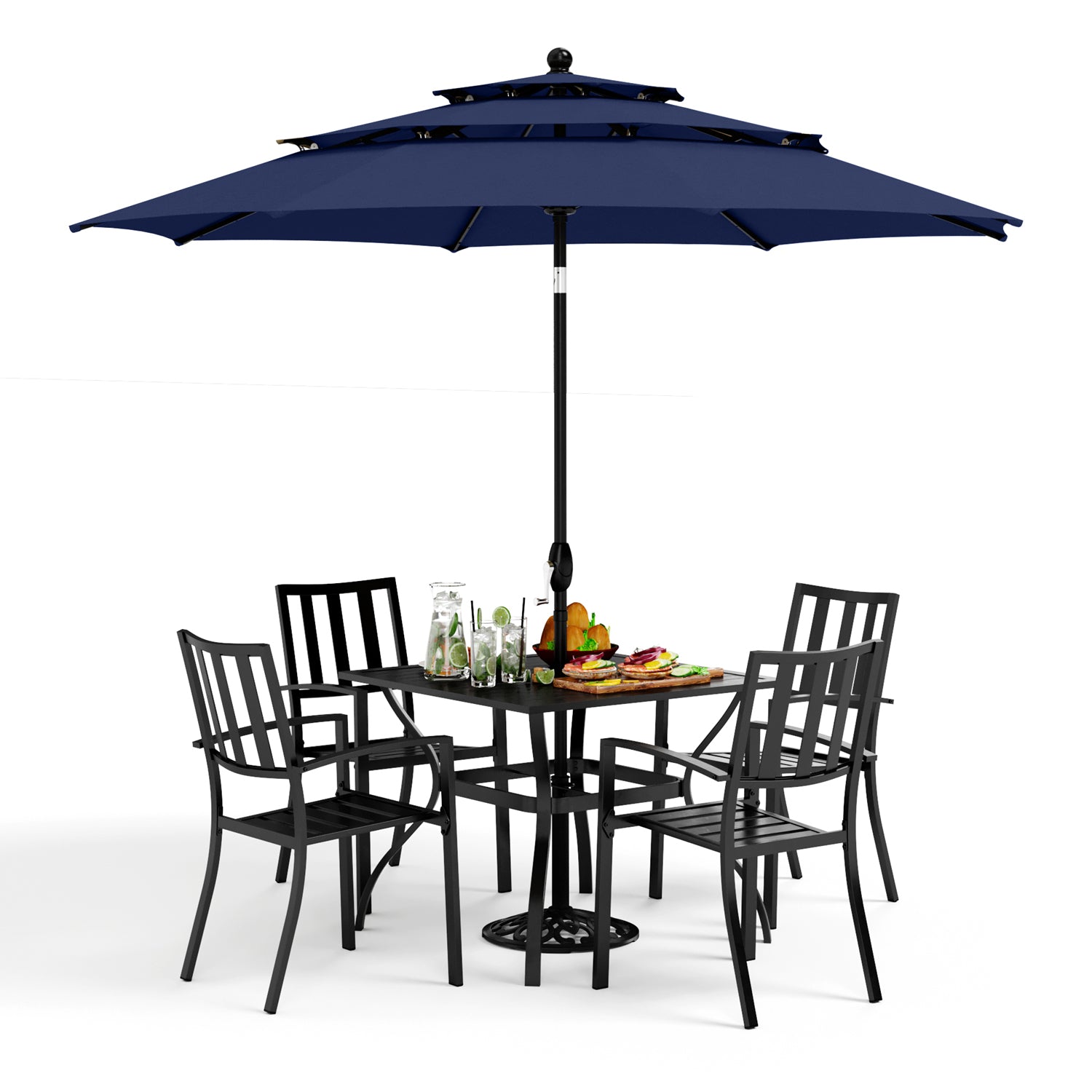 PHI VILLA 6-Piece Outdoor Dining Set with 10ft Umbrella, Steel Square Table, and Steel Fixed Chairs