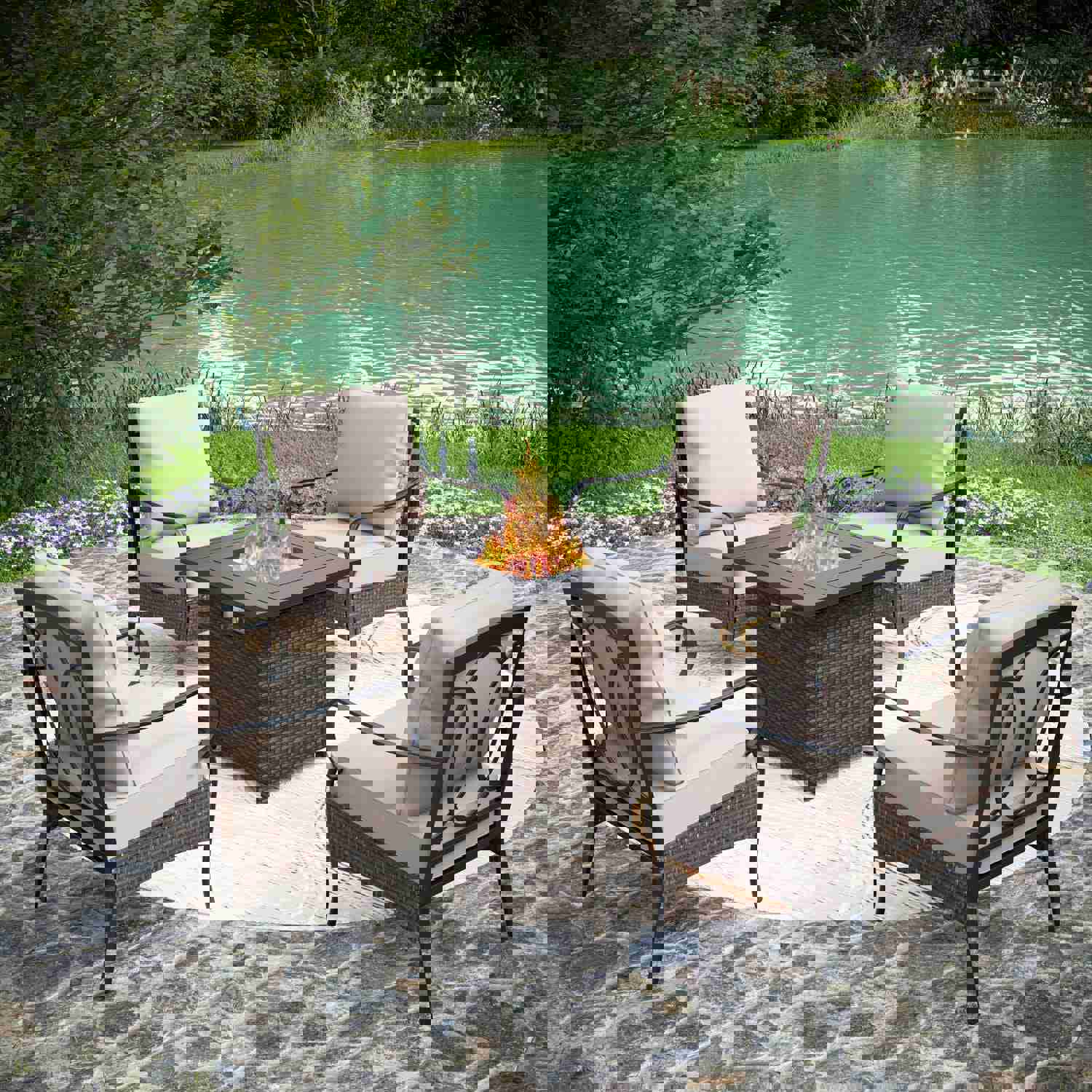 Phi Villa 4-Seater Outdoor Steel & Rattan Sofa Set with Fire Pit