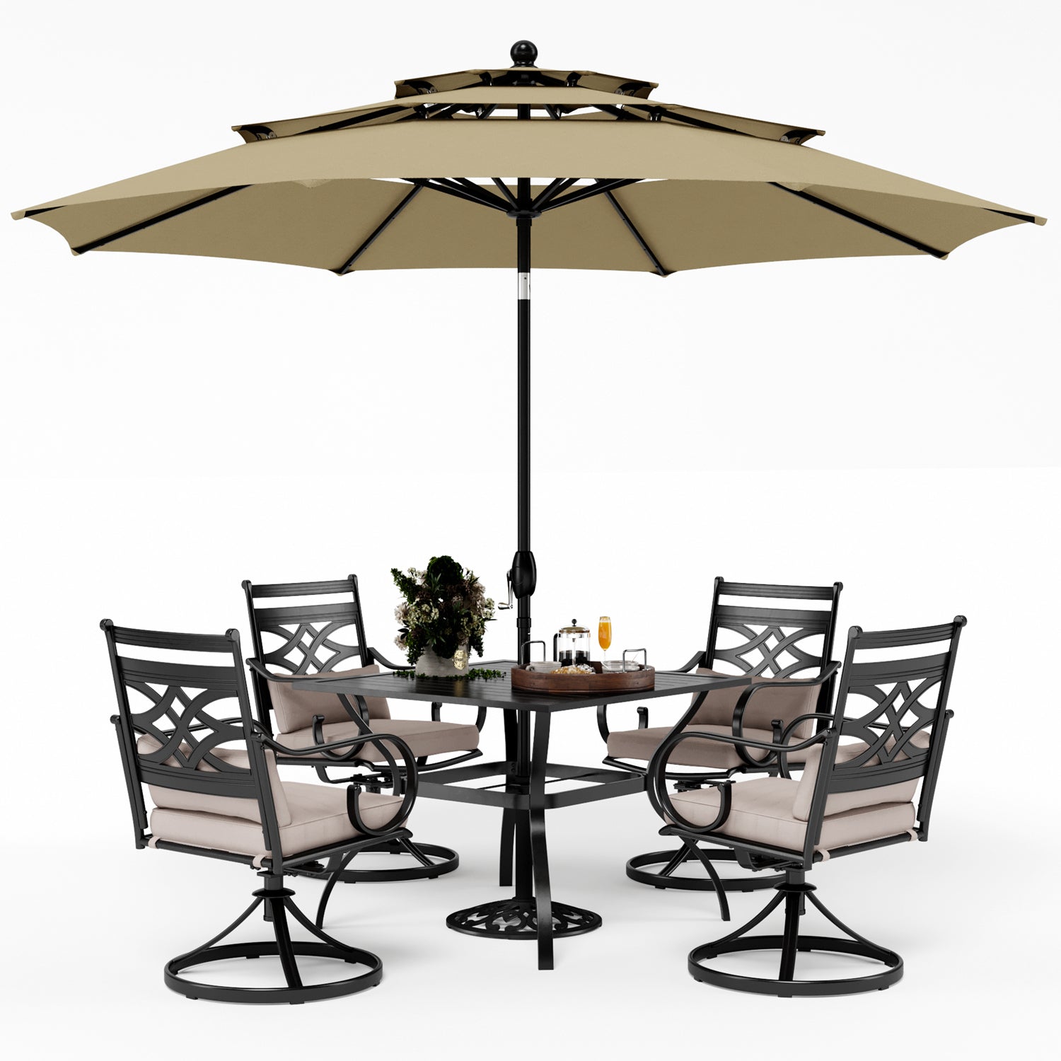 PHI VILLA 6-Piece Outdoor Dining Set with 10ft Umbrella, Steel Square Table, Swivel Chairs