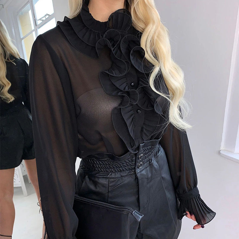 Elegant Ruffled Long Flare Sleeve Blouse with See-Through Buttons