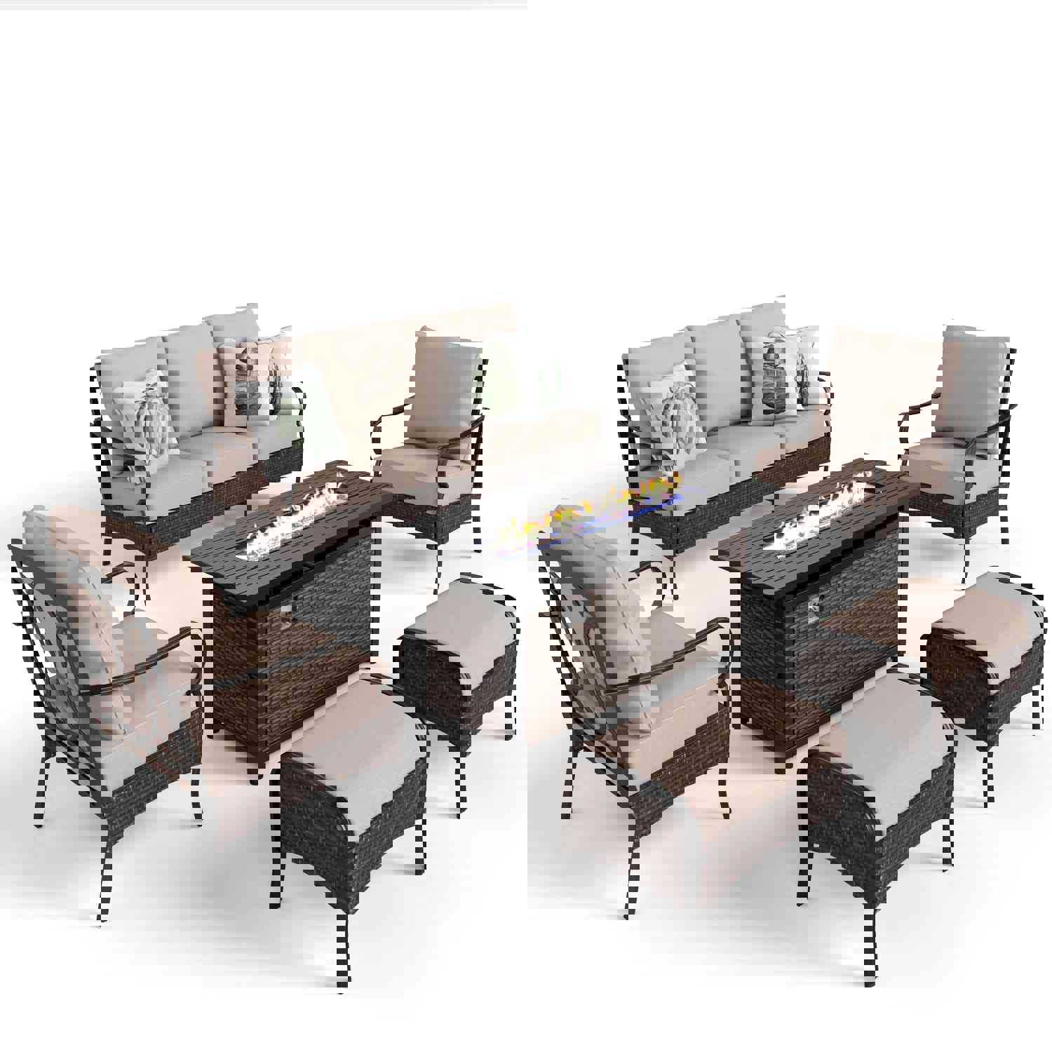 Phi Villa 7-Piece Outdoor Rattan Sofa Set with Fire Pit