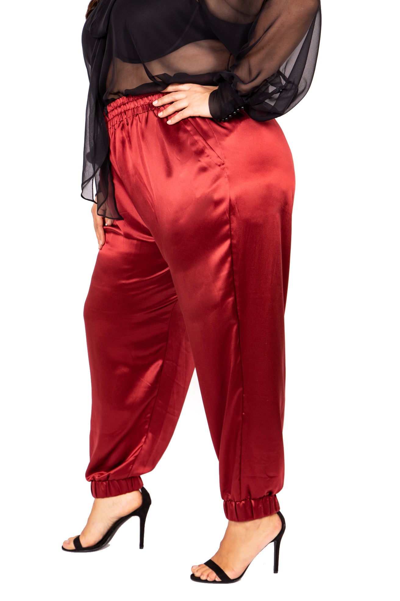 Elegant Italian Silk High-Waist Jogger Pants in Wine