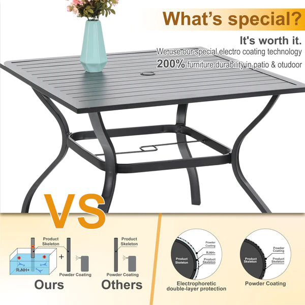 PHI VILLA 6-Piece Outdoor Dining Set with 10ft Umbrella, Steel Square Table, and Steel Fixed Chairs