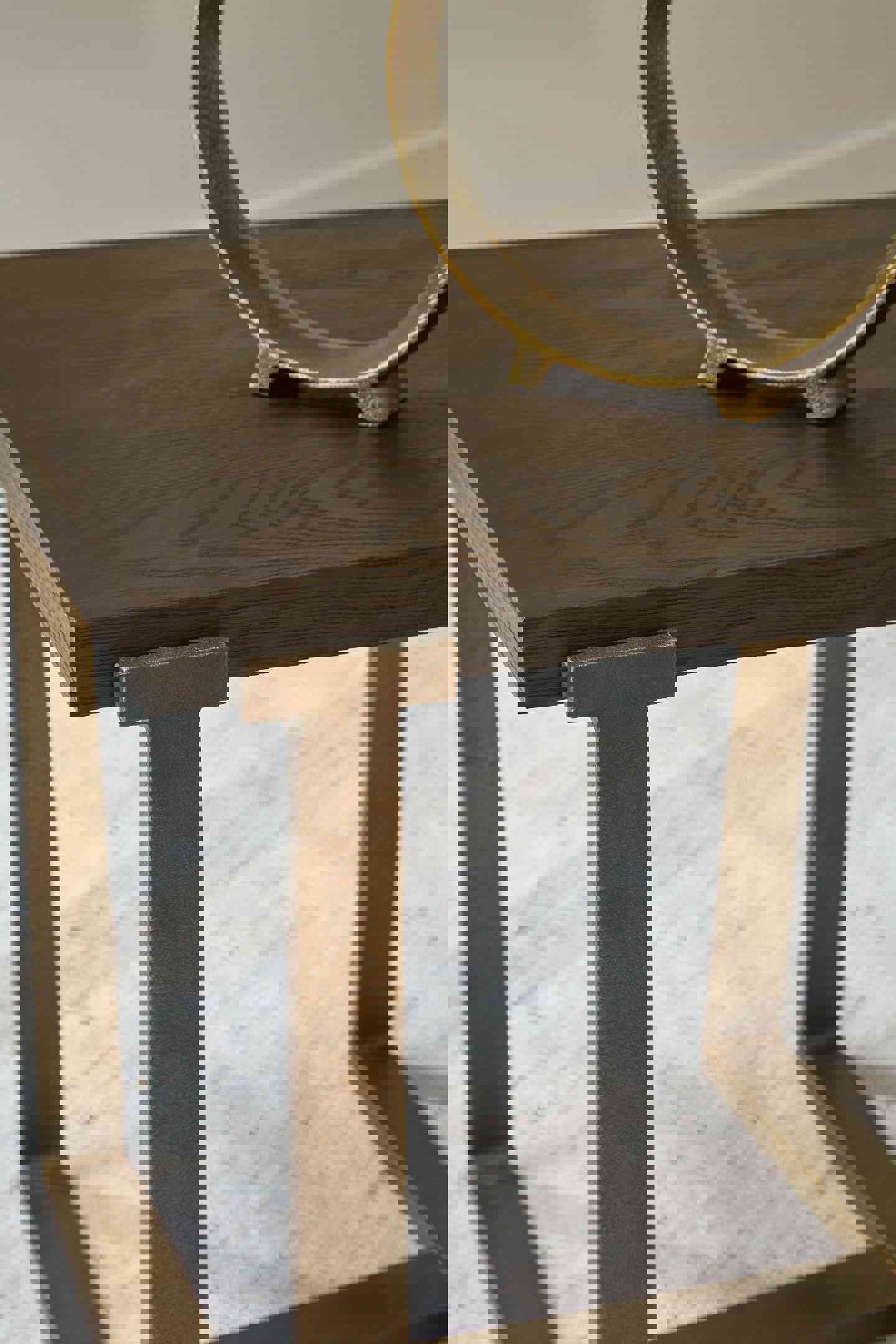 Modern Oak Veneer and Metal End Table