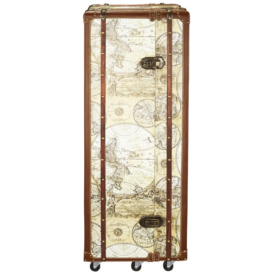 Vintage World Map Steamer Trunk Bar Cabinet