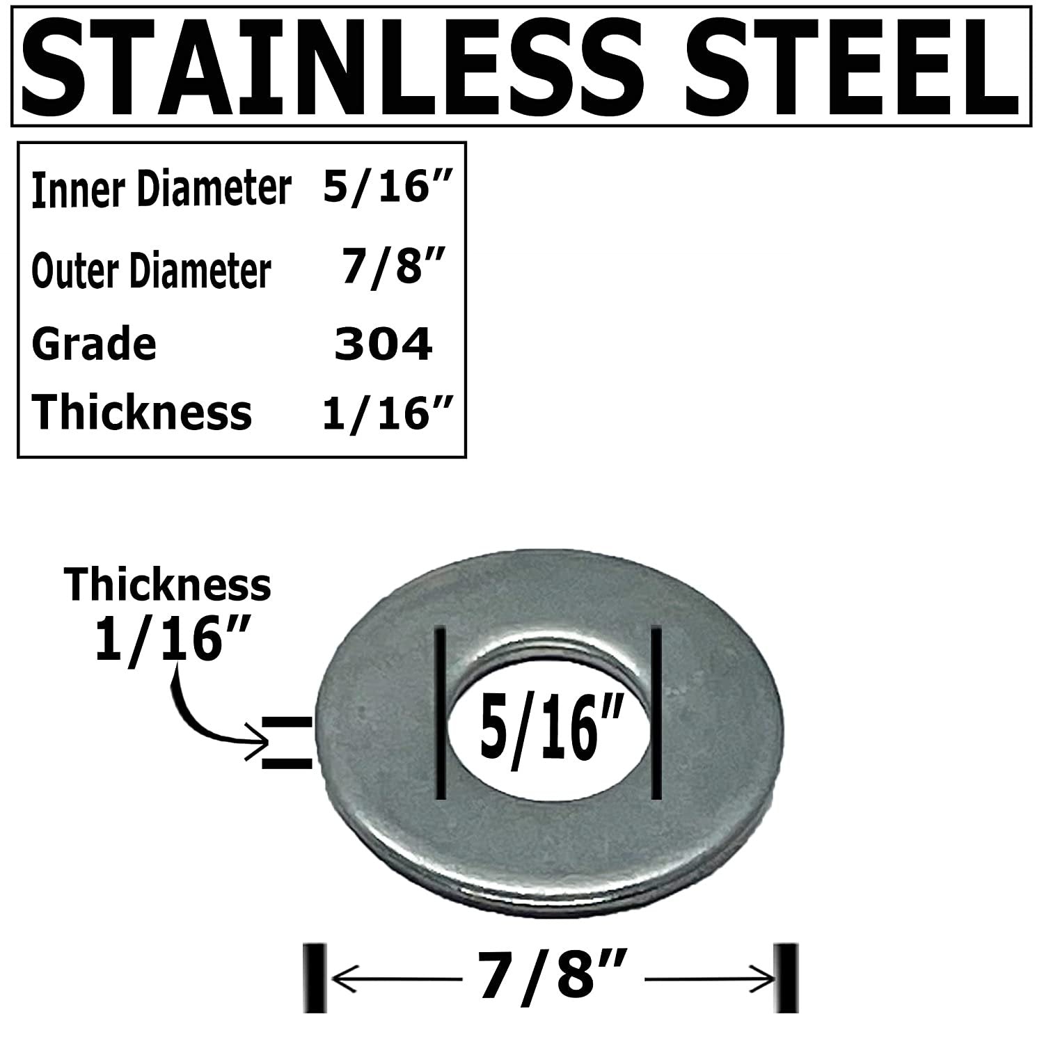 5/16 x 7/8 OD - Premium 304 Stainless Steel Flat Washers - Corrosion Resistant & Durable