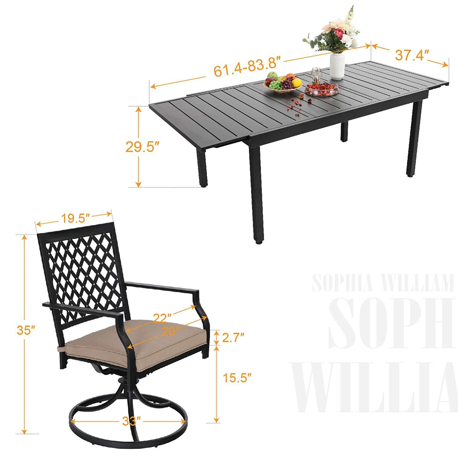 PHI VILLA Outdoor Patio Dining Set, Adjustable Table with Cushioned Swivel Chairs