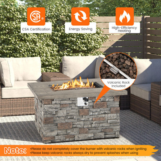 43.5 Inch Rectangle Grey Stone-Look Propane Gas Fire Pit Table with Lava Rock and PVC Cover