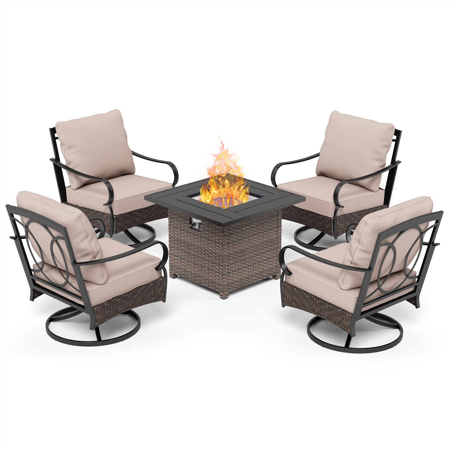 Phi Villa 4-Seater Outdoor Steel & Rattan Sofa Set with Fire Pit