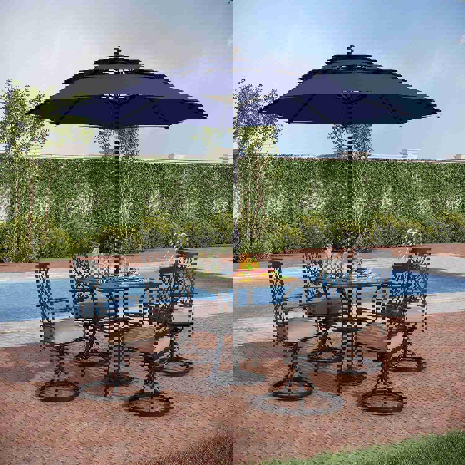 PHI VILLA 6-Piece Outdoor Dining Set with 10ft Umbrella, Wood-Look Square Table, Swivel Metal Steel Chairs