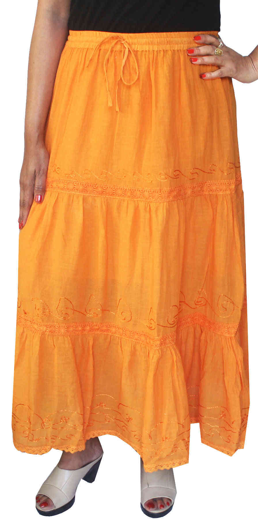 Women's Embroidered Cotton Long Skirt - Orange