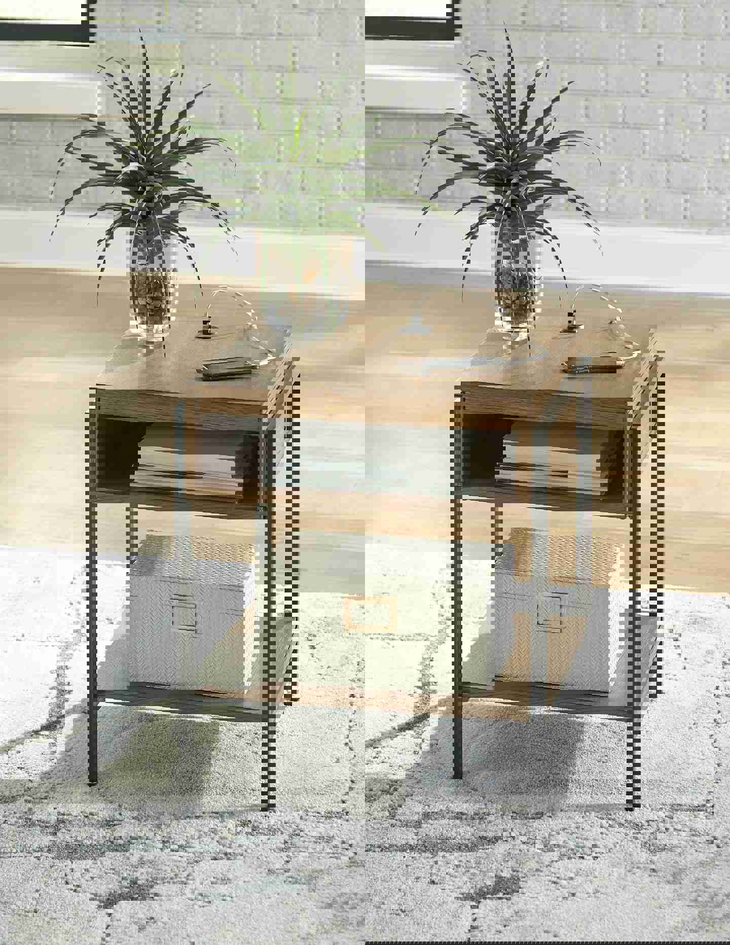 Fridley Modern Oak and Metal End Table with Charging Port