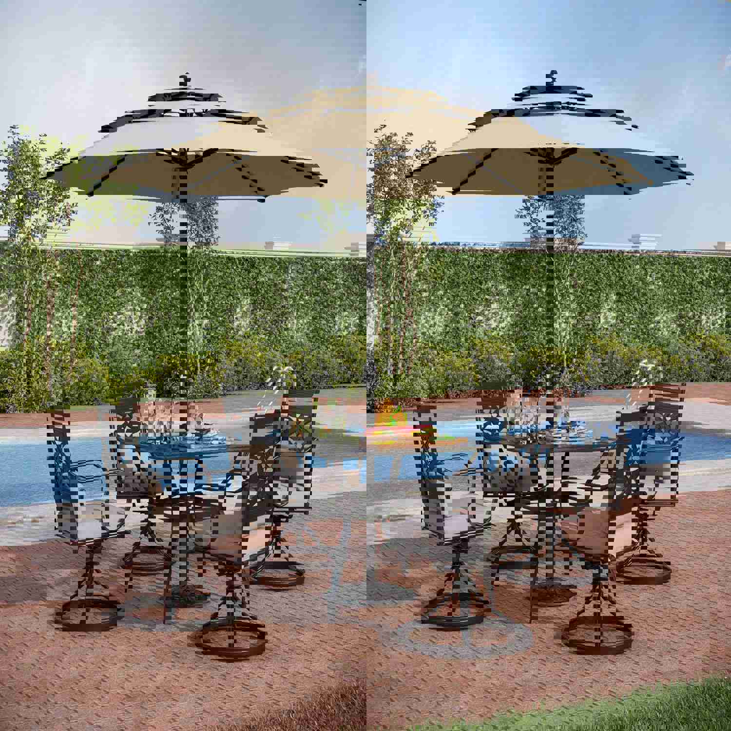 PHI VILLA 6-Piece Outdoor Dining Set with 10ft Umbrella, Steel Square Table, Swivel Chairs