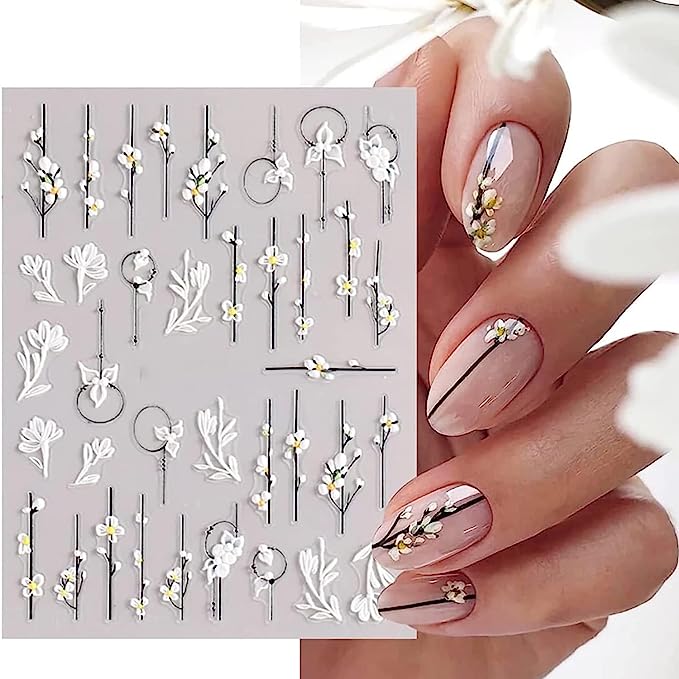 Elegant White Floral Nail Art Stickers, 6Pcs Self-Adhesive for Summer Manicures