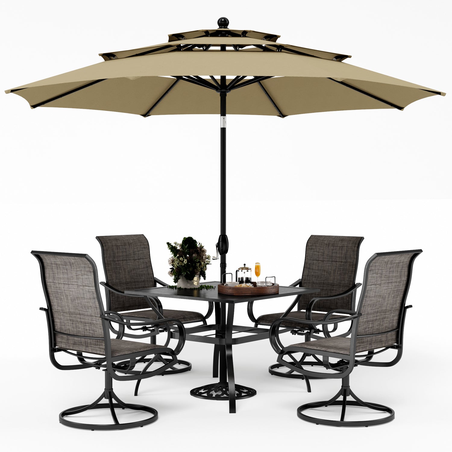 PHI VILLA 6-Piece Outdoor Dining Set with 10ft Umbrella, Steel Square Table, Padded Swivel Textilene Chairs