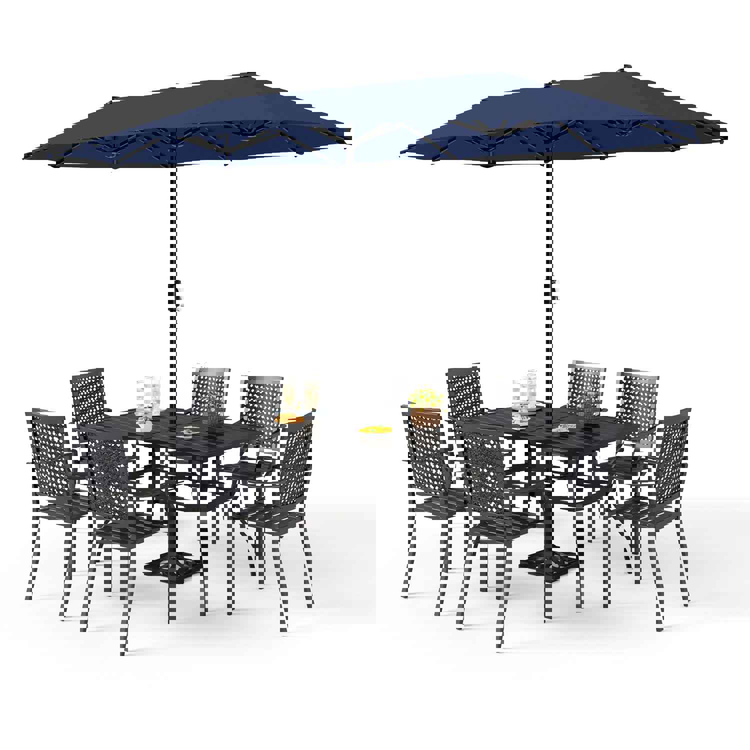 PHI VILLA 8-Piece Outdoor Dining Set with 13ft Umbrella, Metal Table & Chairs