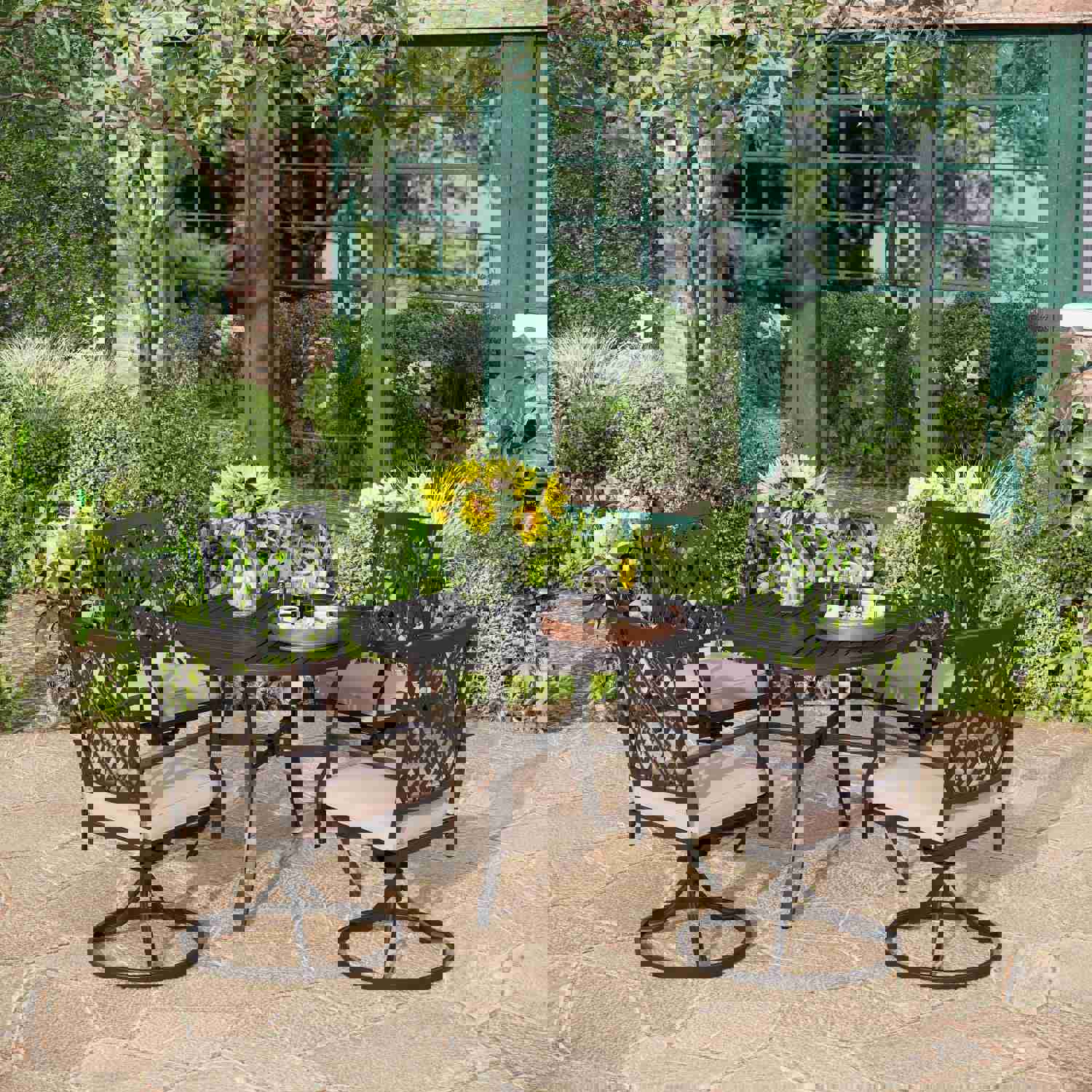 PHI VILLA 5-Piece Outdoor Dining Set with 6 Swivel Chairs and Round Steel Slat Table