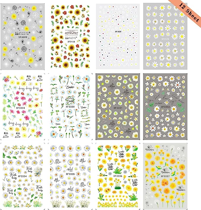 Daisy Nail Art Sticker Decals - 12 Sheets of 3D Floral Designs for Spring and Summer