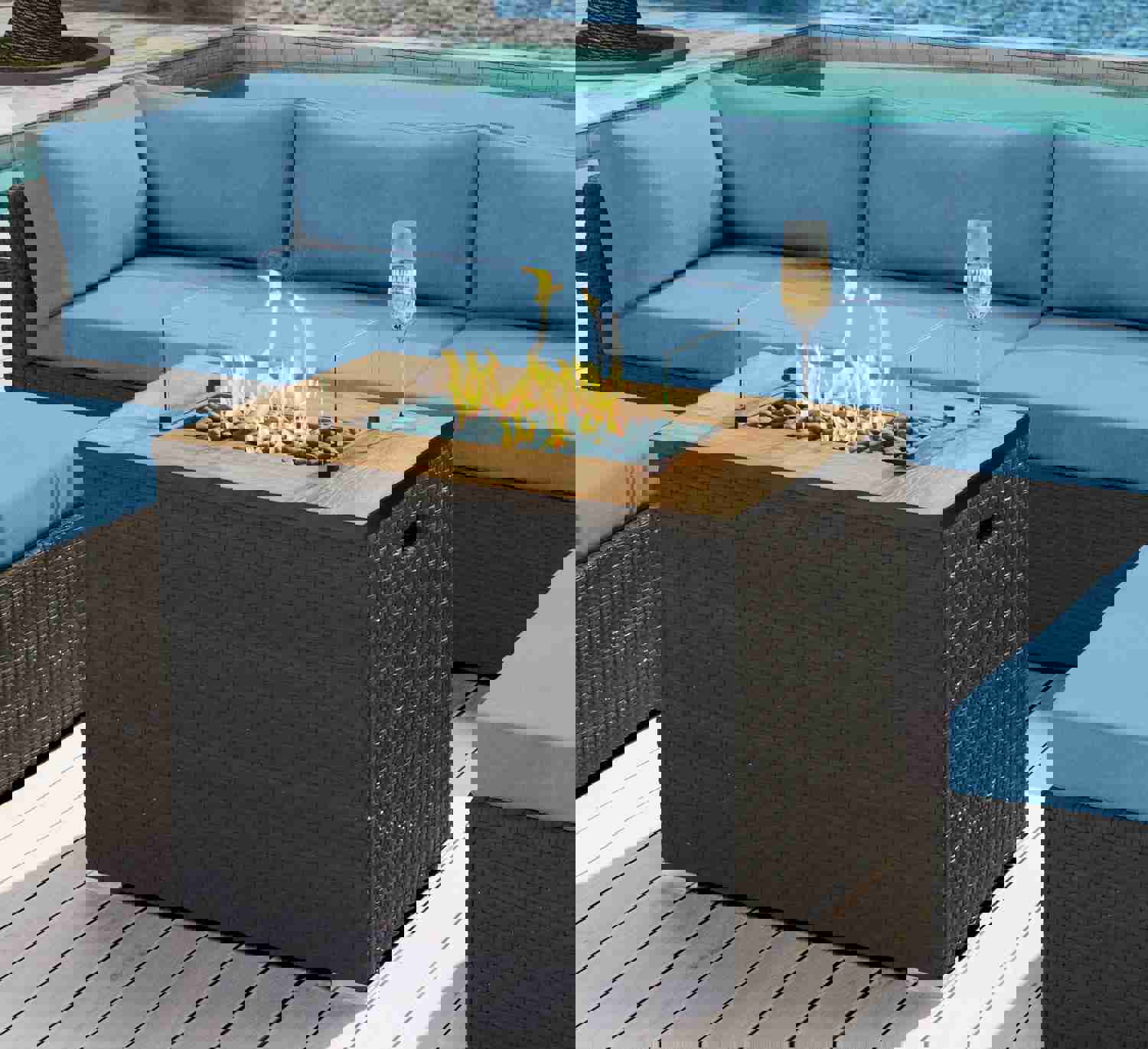 Espresso Brown Wicker Resin Rectangular Propane Fire Pit Table