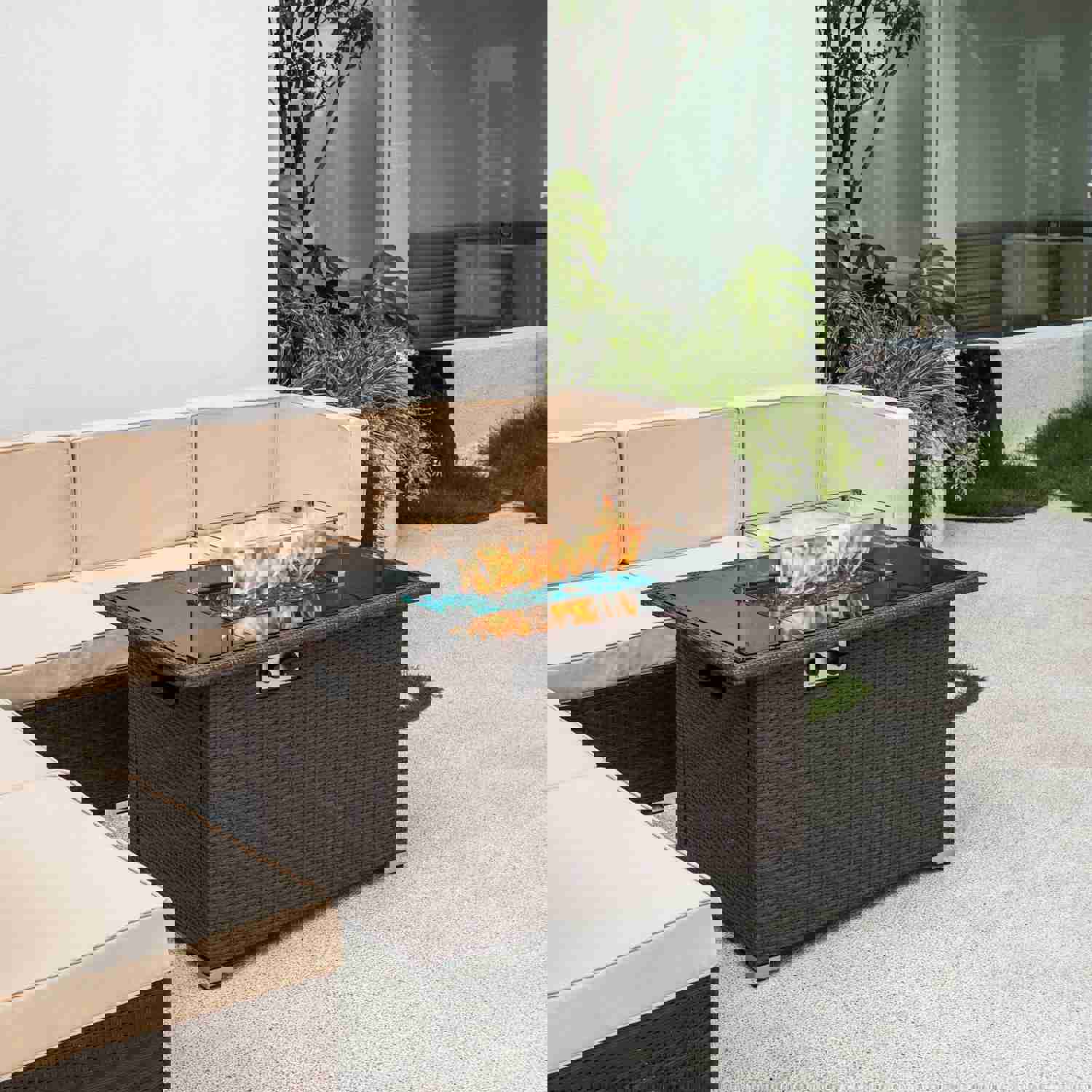 Elegant Outdoor Rectangular Fire Pit Table with Arctic Ice Glass Rocks