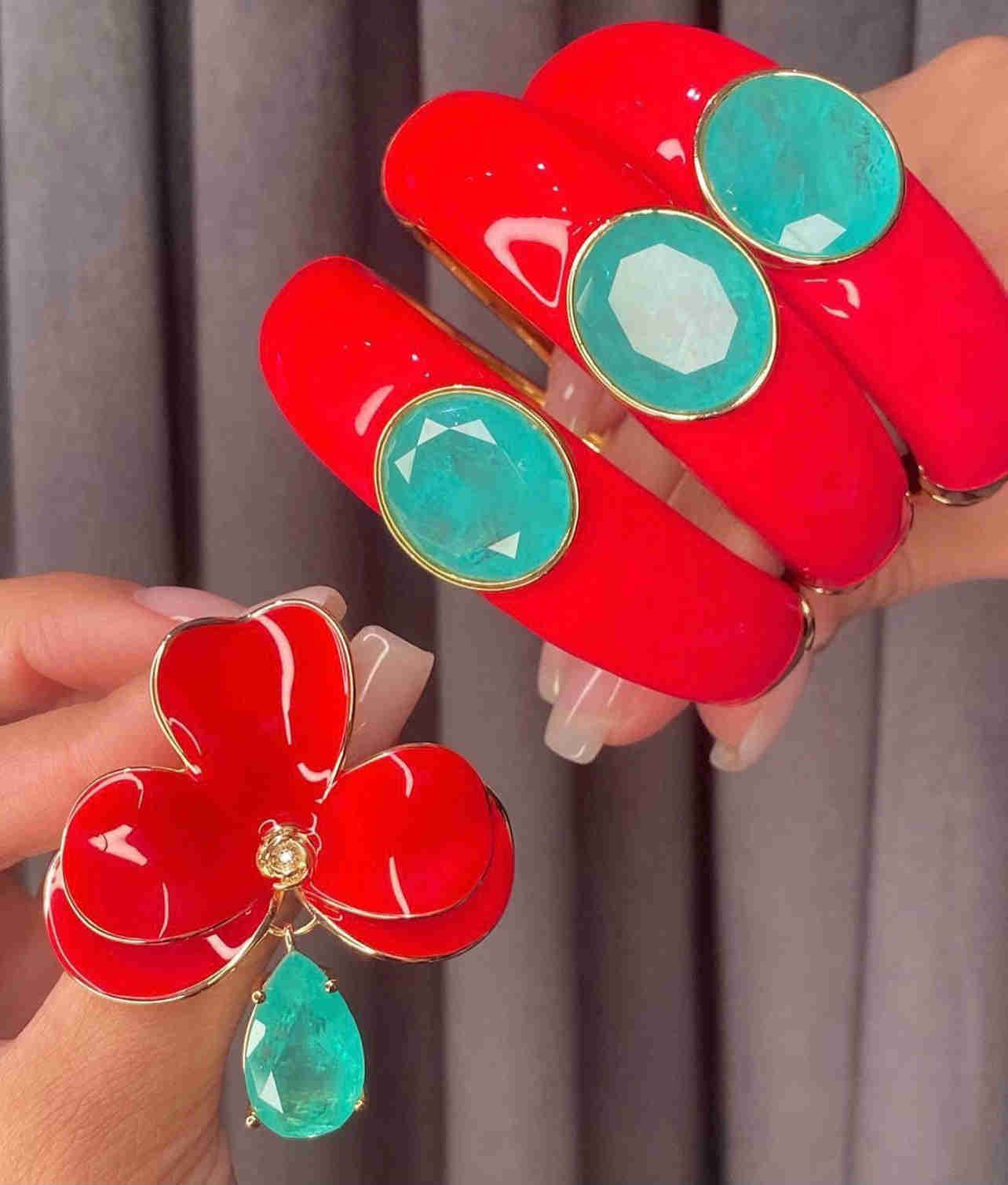 Italian Red Enamel Paraiba Stone 18K Gold Plated Bangle