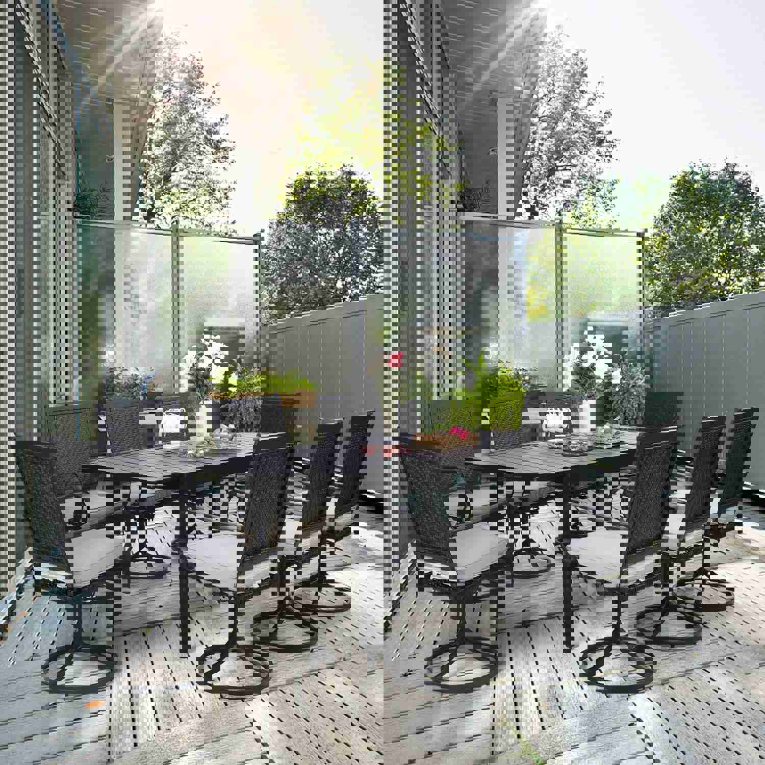 PHI VILLA Outdoor Patio Dining Set with Rattan Swivel Chairs and Extendable Steel Table