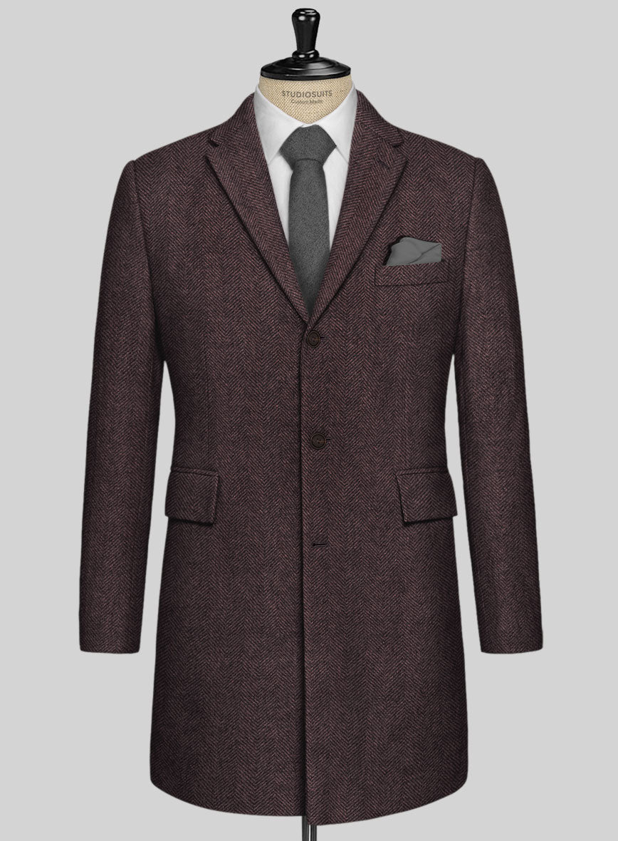 Elegant Dark Wine Herringbone Tweed Overcoat