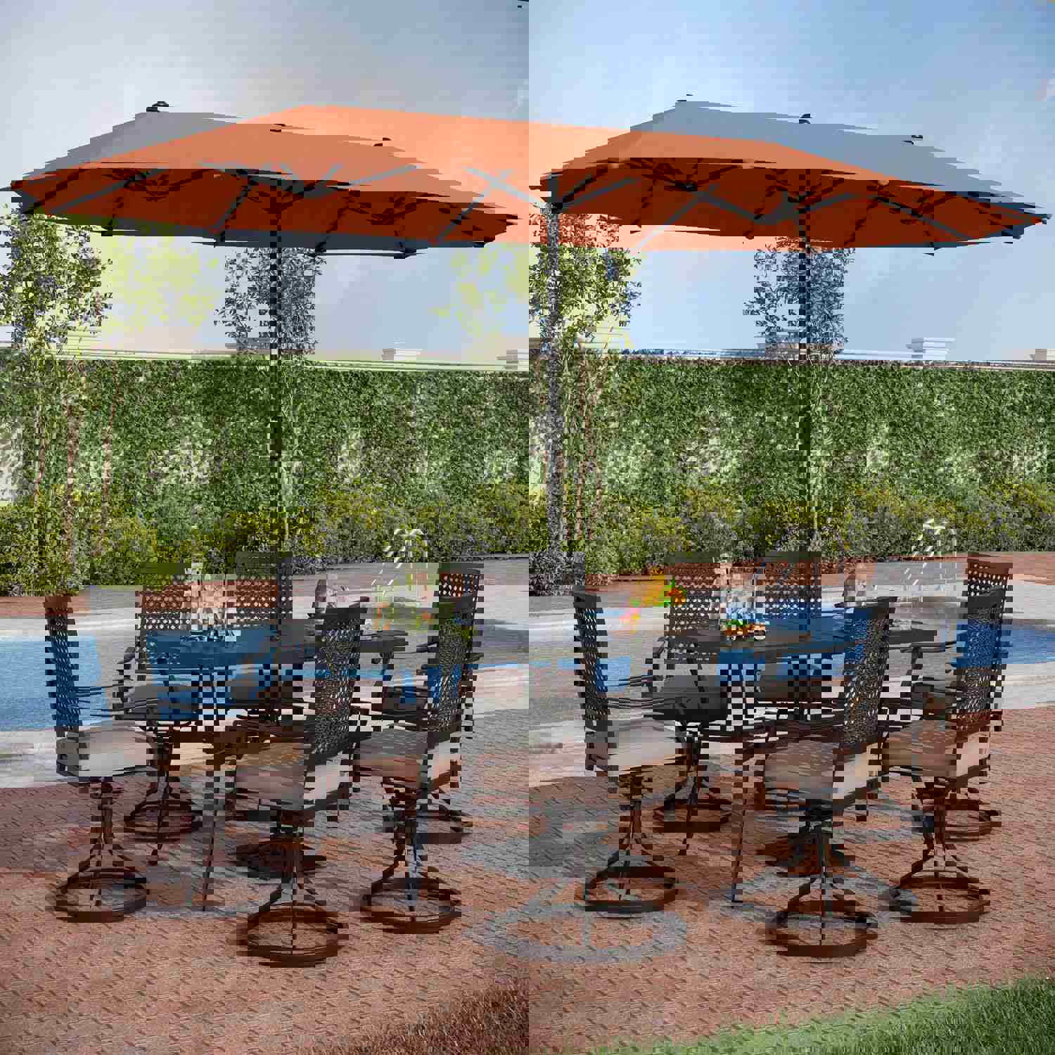 PHI VILLA 8-Piece Outdoor Dining Set with 13ft Umbrella, Steel Table & Swivel Chairs