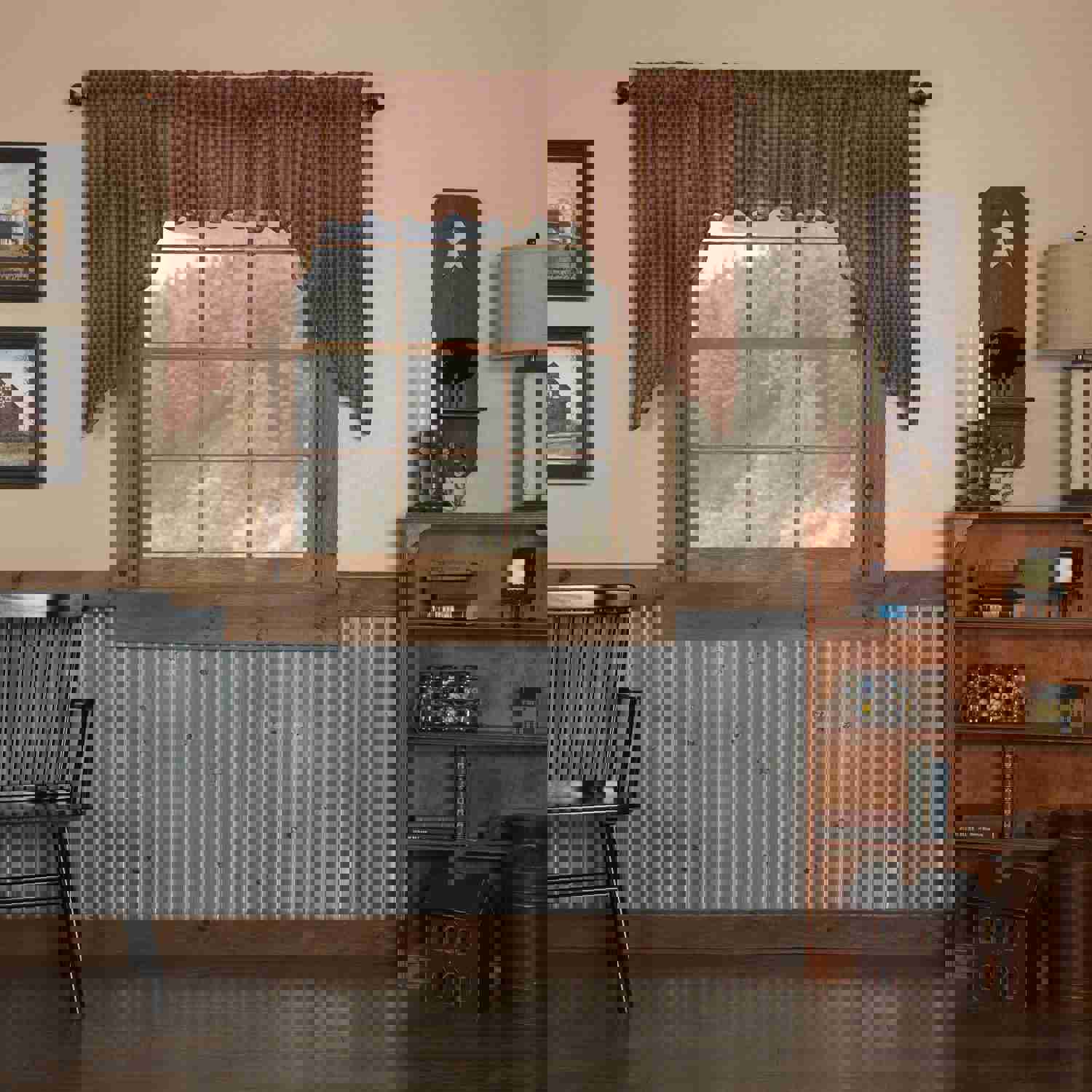 Elegant Burgundy Check Scalloped Swag Curtains
