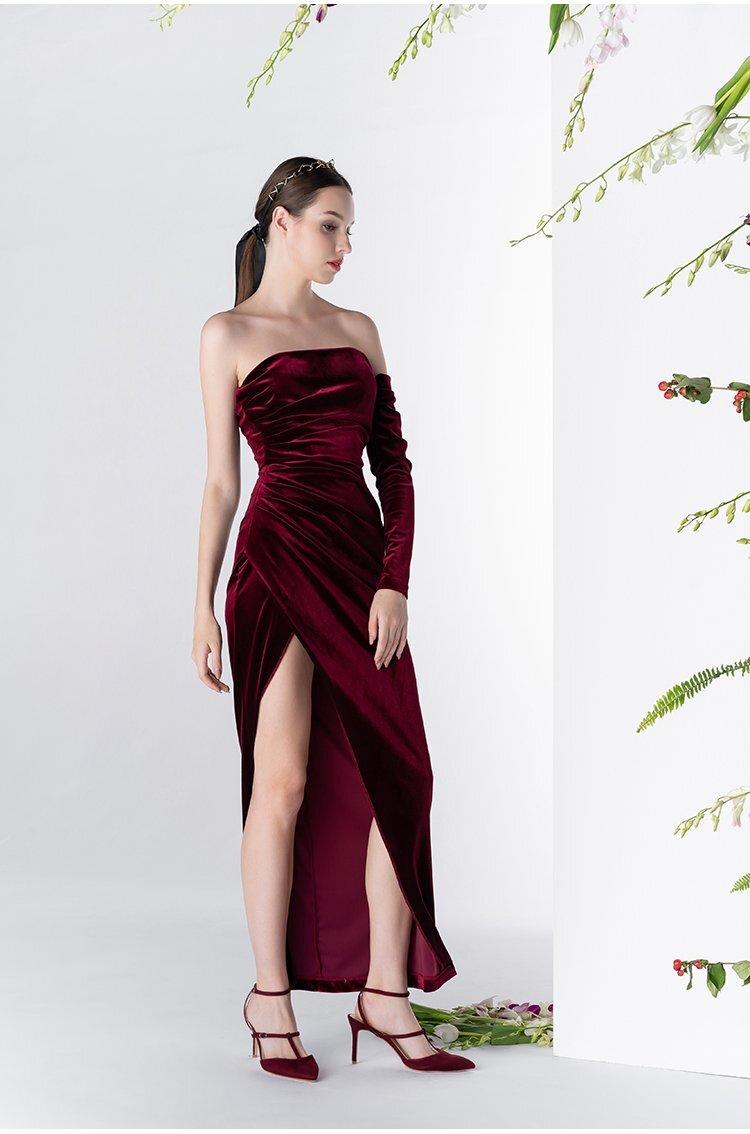 Elegant Vintage Wine Red Velvet One-Sleeved Prom Dress