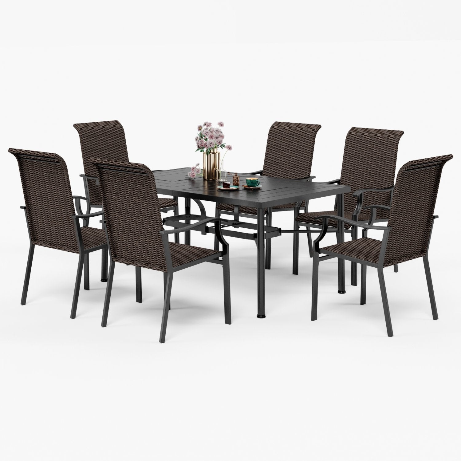 PHI VILLA 7-Piece Outdoor Dining Set with 6 Rattan Chairs and Metal Table