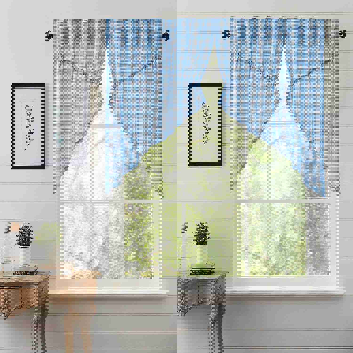 Annie Blue Buffalo Check Lined Prairie Swag Curtains Set