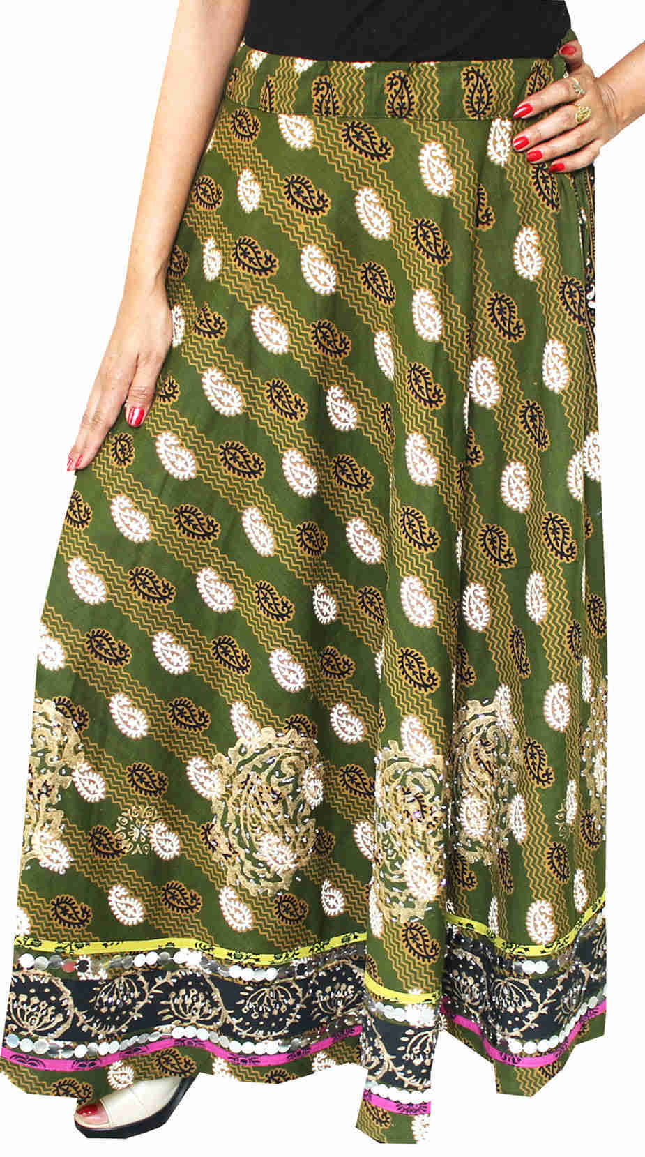 Elegant Cotton Block Printed Indian Skirt with Sequins and Beads