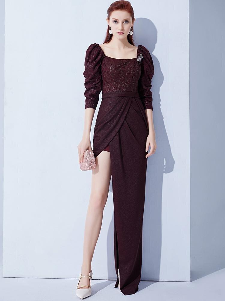 Elegant Vintage Wine Red Slit Evening Dress with Customizable Options