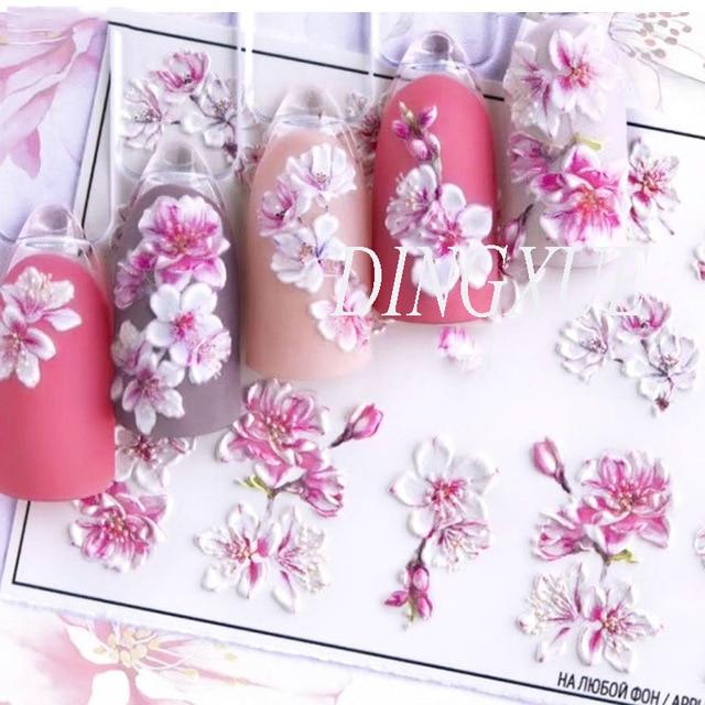1pc 3D Acrylic Engraved Nail Sticker - White & Pink Flower Water Decals