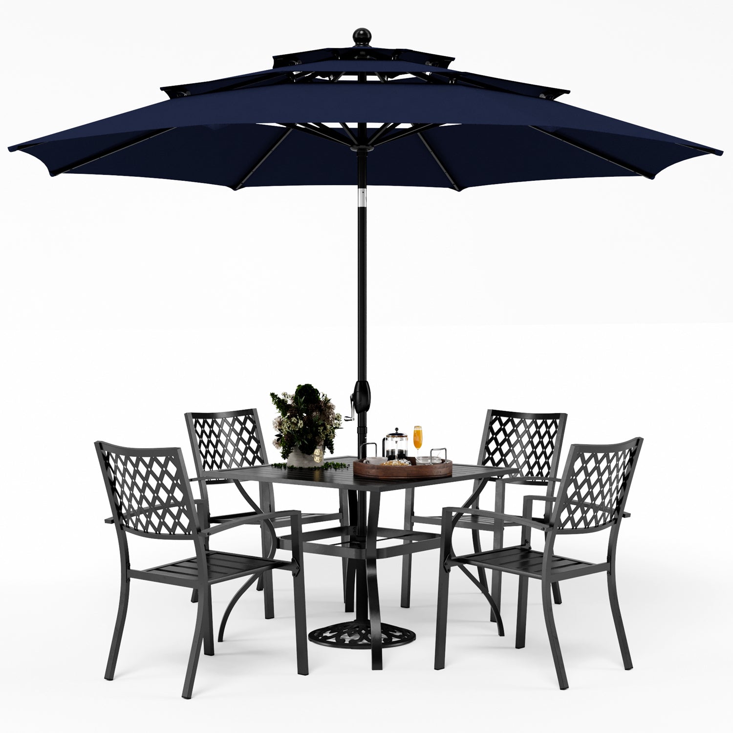 PHI VILLA 6-Piece Outdoor Dining Set with 10ft Umbrella, Steel Square Table, and Steel Fixed Chairs