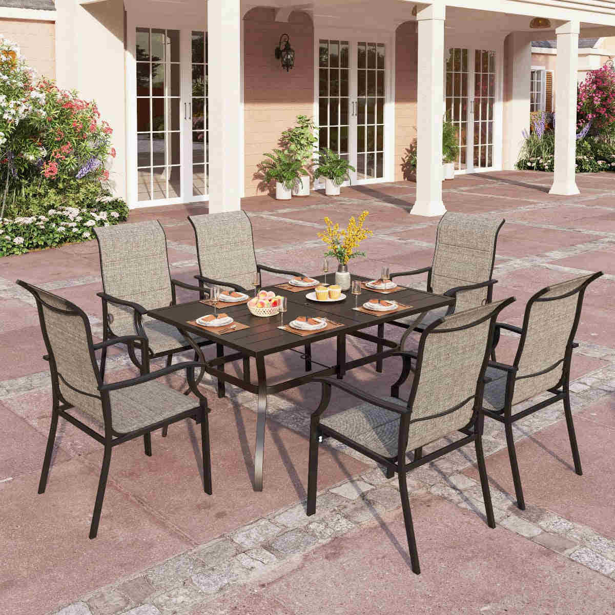 PHI VILLA 7-Piece Outdoor Dining Set with Rectangle Steel Table & 6 Textilene Chairs